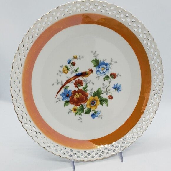 Bavaria Schumann Vintage Reticulated Edge Orange Lustre Bird Floral Decor Plate - Picture 7 of 11